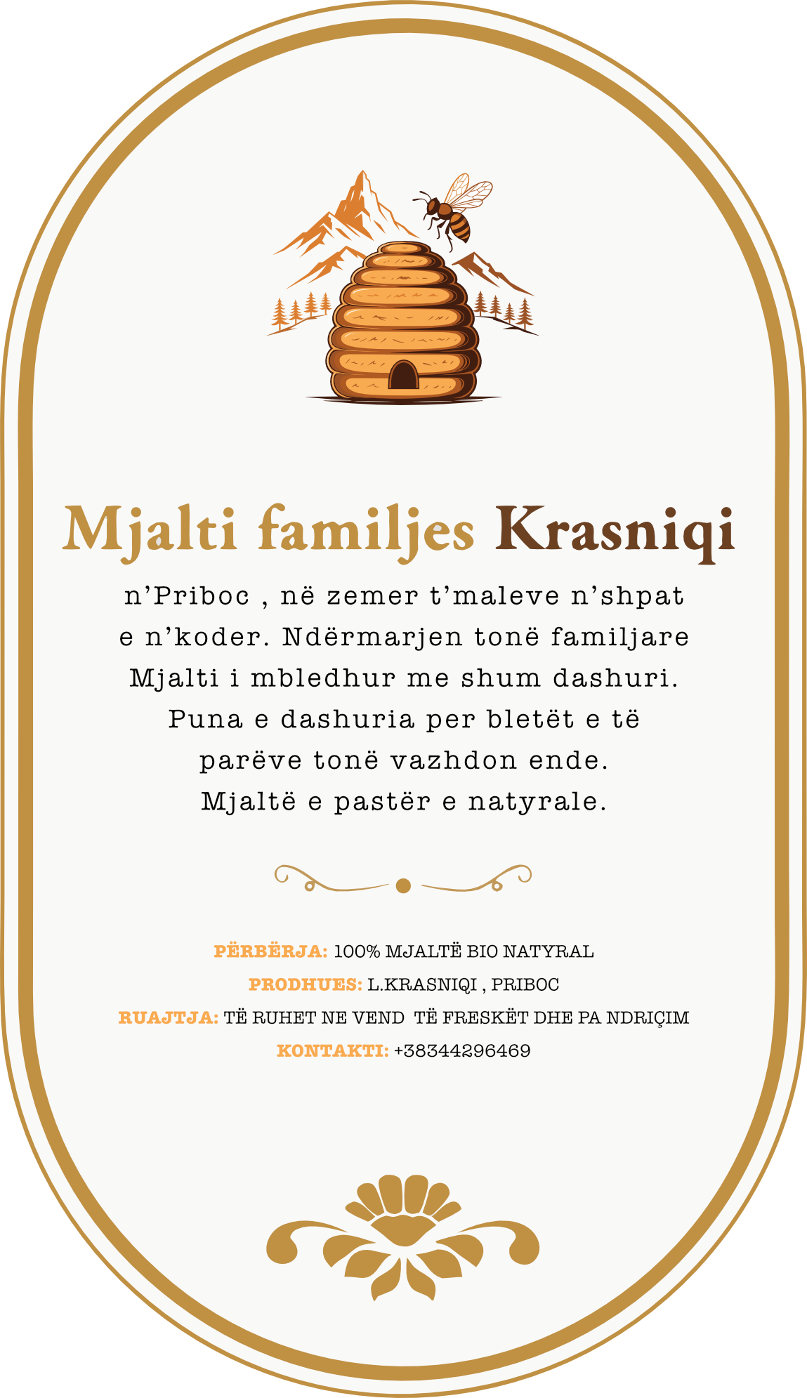 Etiketa e pasme e mjaltit Priboci — Mjalti i familjes Krasniqi
