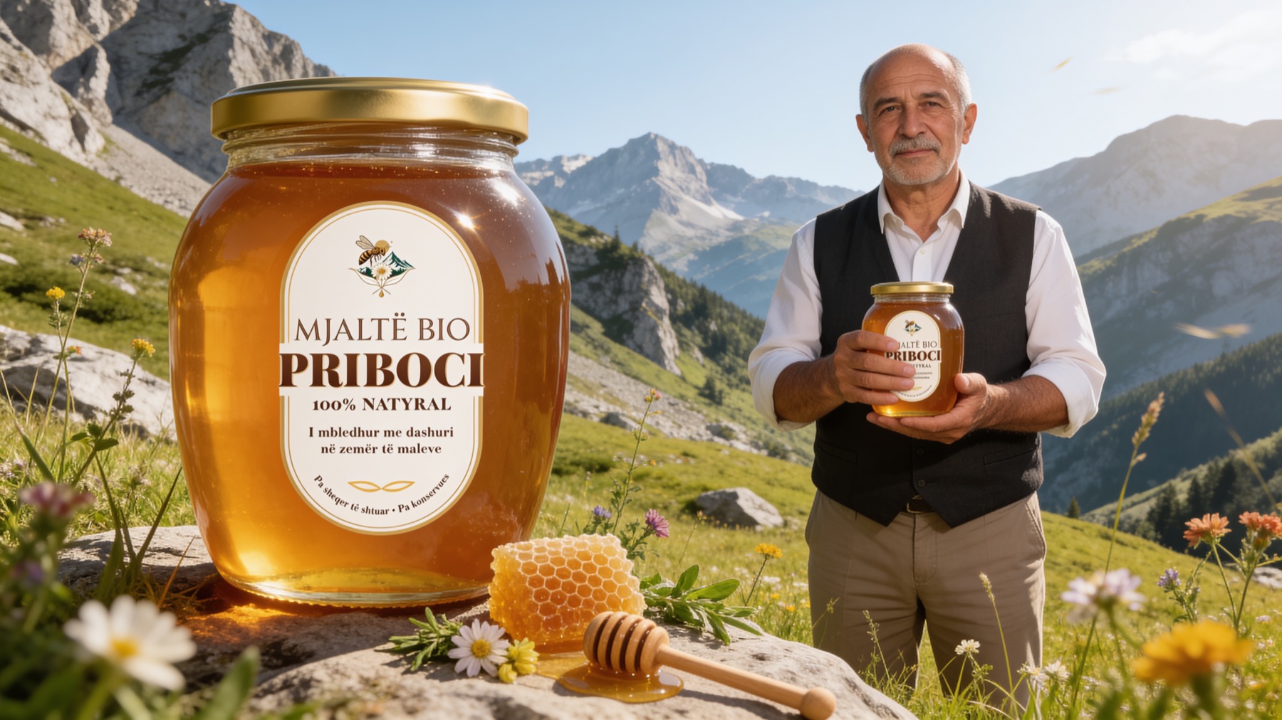 Bletari i familjes Krasniqi me kavanozin e mjaltit në mal
